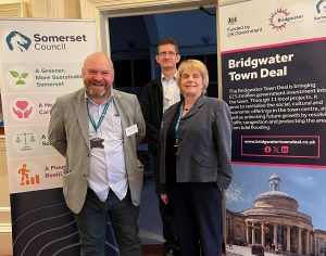 Photo of Cllr Bill Revans, Paul Moore and Cllr Ros Wyke at the Bridgwater Town Deal open event